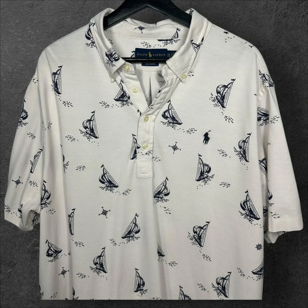 Ralph Lauren Polo Shirt Mens XXLT Oxford All Over Print Sailboat Print Nautical‎